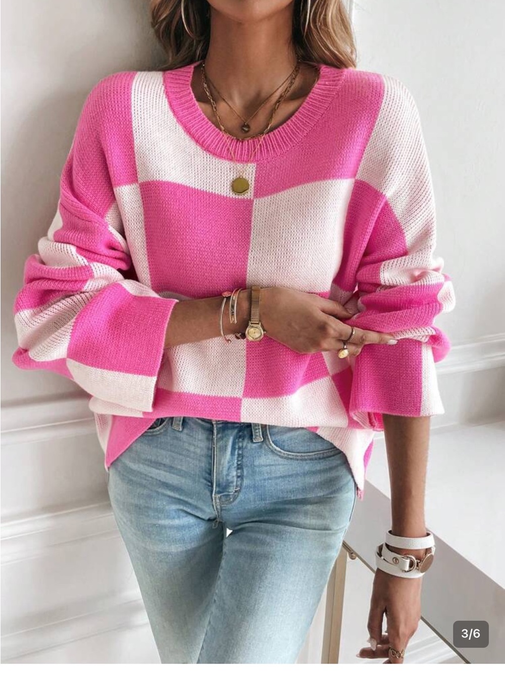 SHEIN Pink and White Checkered Crewneck Sweater NWOT Size M - Picture 3 of 9